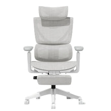 Ergonomic office chair with gray upholstered back and seat, white five-leg base and footrest