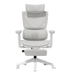 Ergonomic office chair with gray upholstered back and seat, white five-leg base and footrest