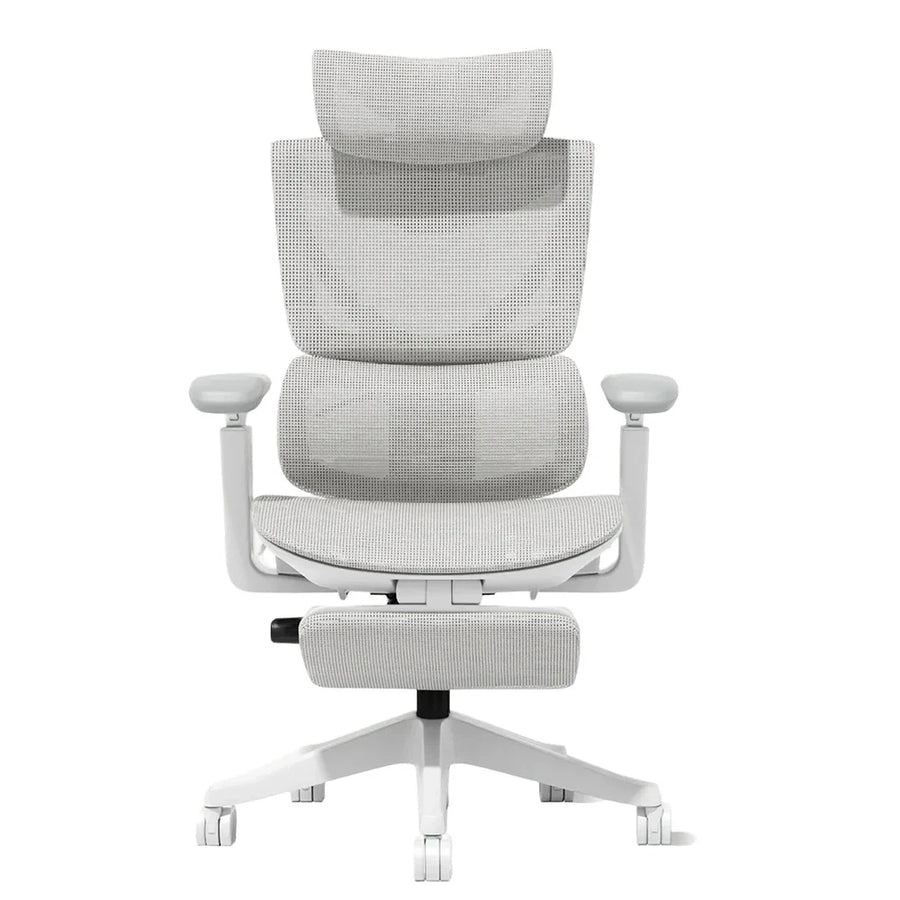 Ergonomic office chair with gray upholstered back and seat, white five-leg base and footrest