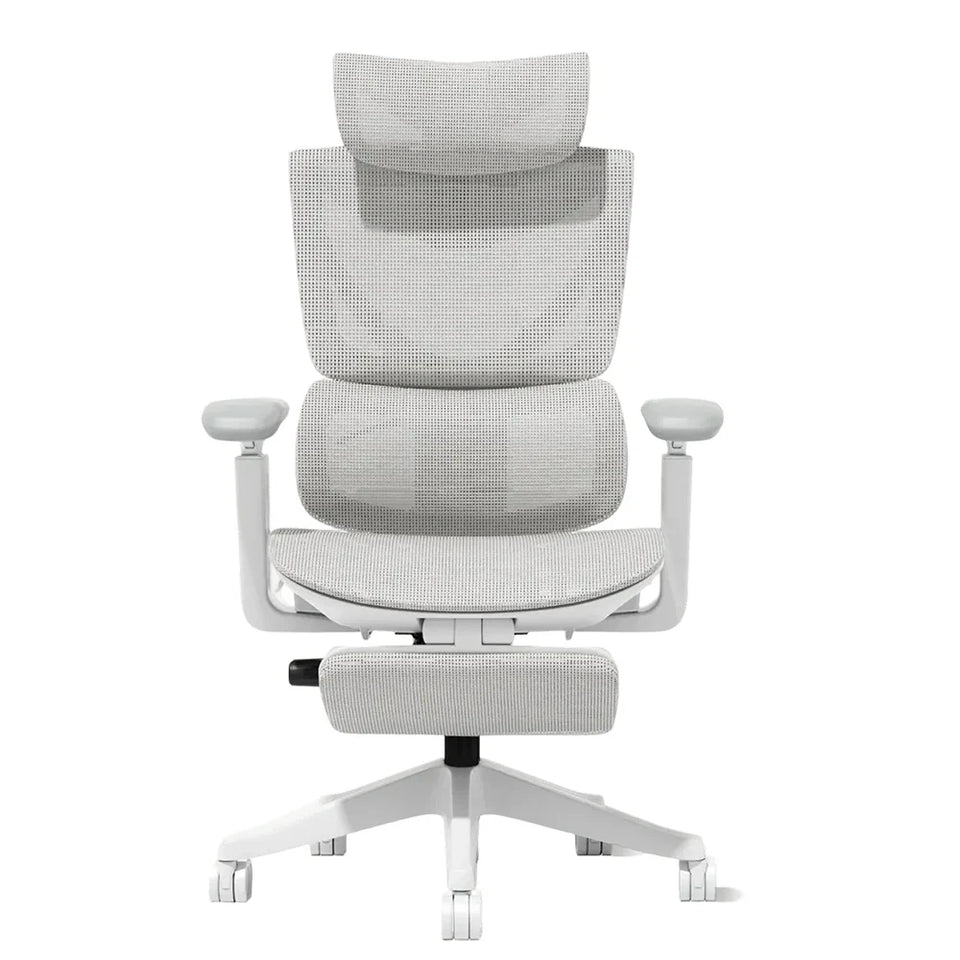 Ergonomic office chair with gray upholstered back and seat, white five-leg base and footrest