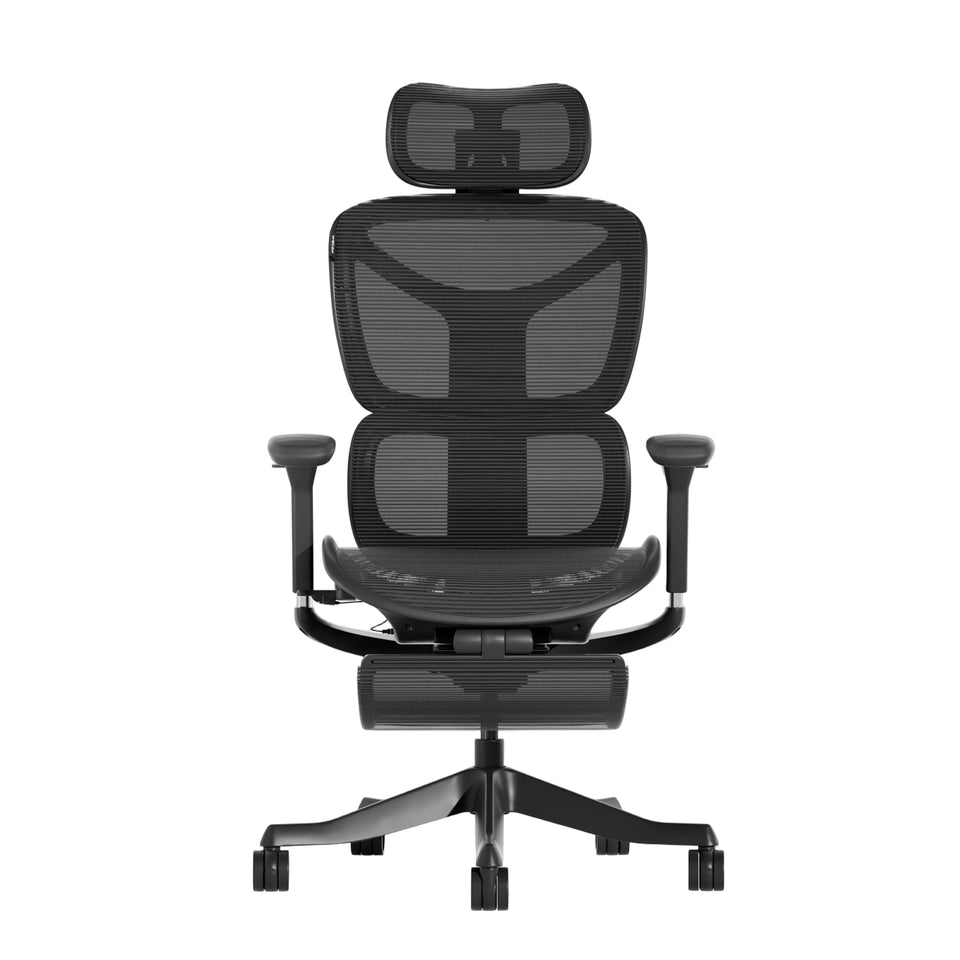 Black mesh office chair with tall backrest, armrests, and five-star base