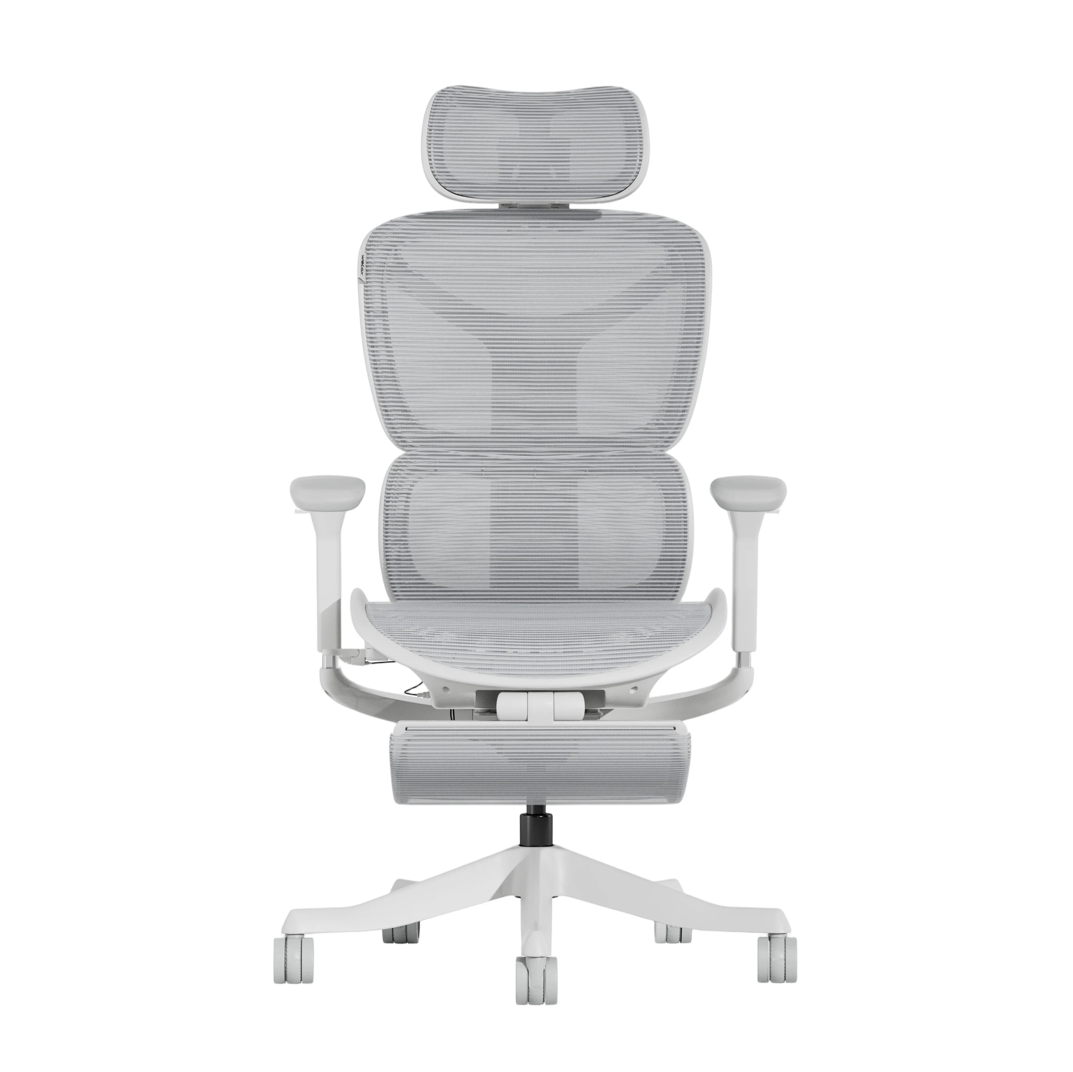 White ergonomic office chair with padded headrest, armrests, and mesh seat
