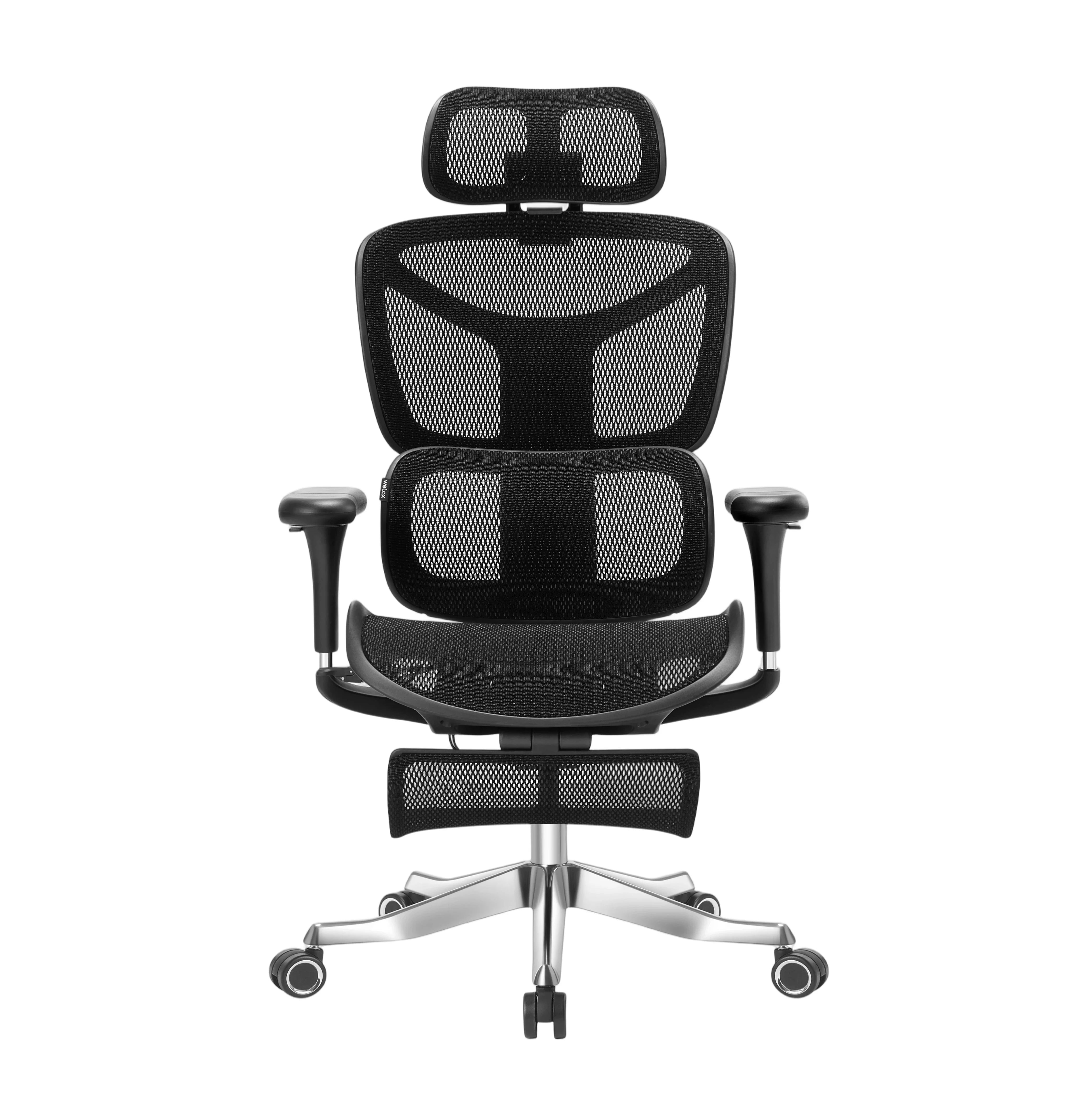 Black ergonomic office chair with mesh backrest, adjustable headrest, and armrests