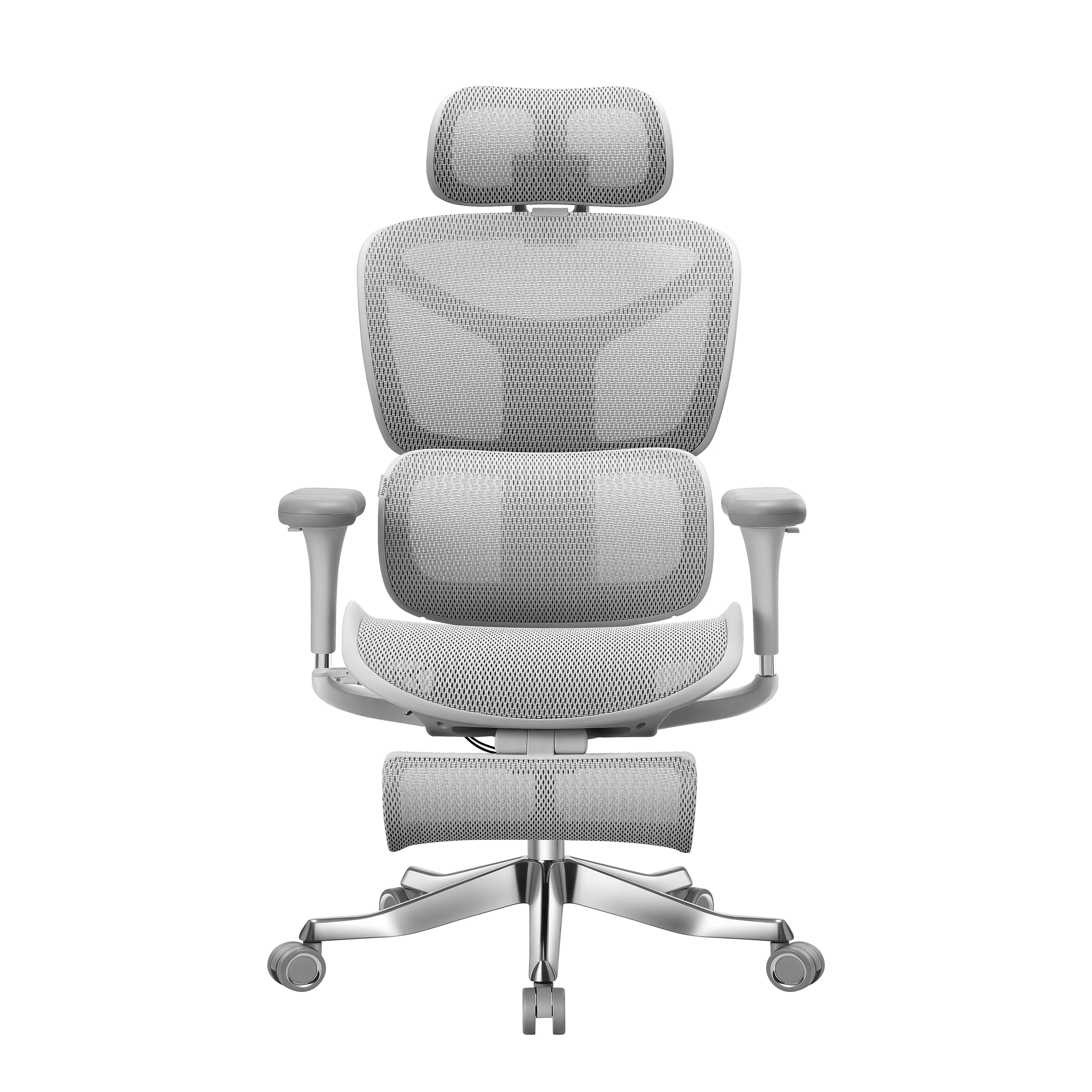 Gray ergonomic office chair with mesh backrest, seat, headrest, and armrests