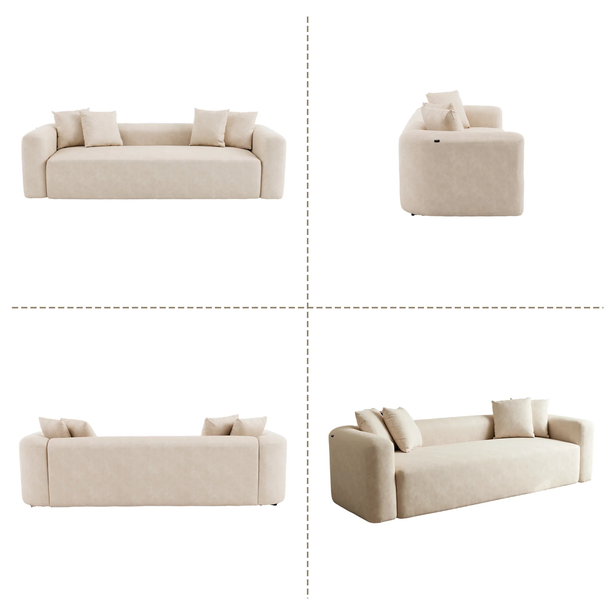 Cream minimal one-piece sofa collage showing front, side, and arm views.