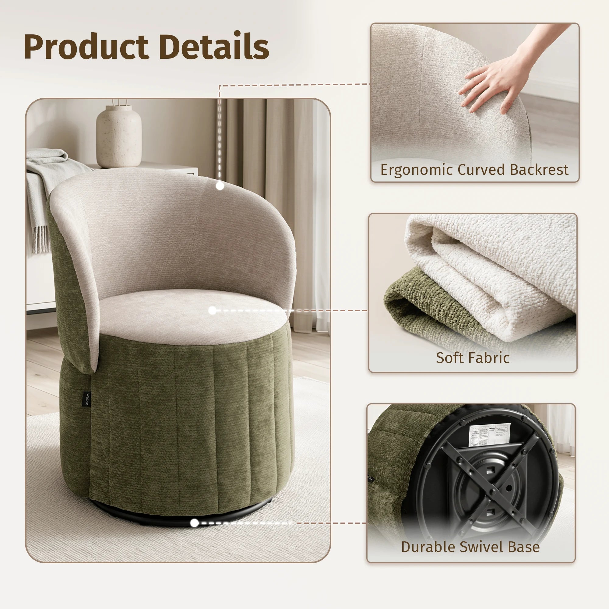 Green and beige barrel accent chair with ergonomic curved backrest and swivel base
