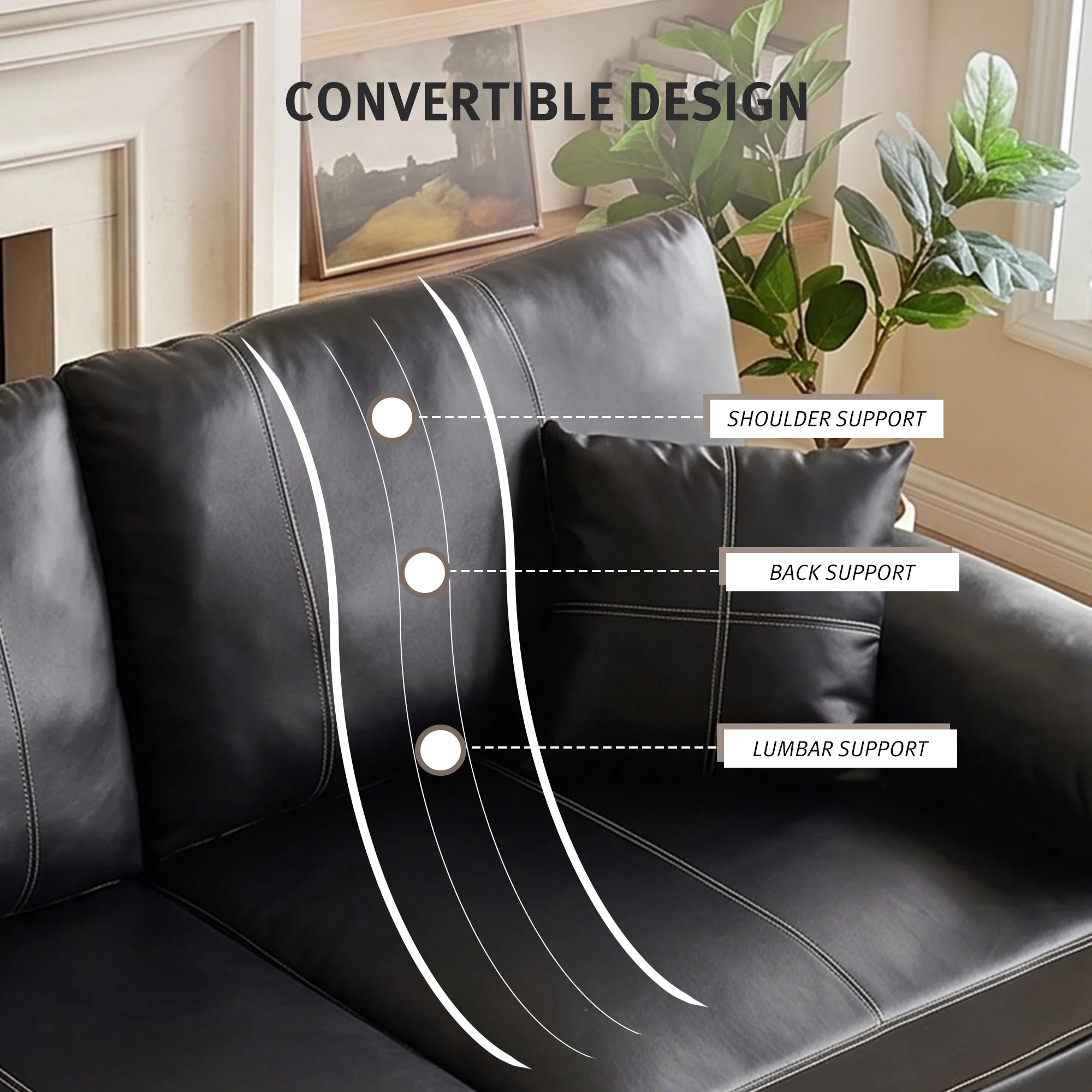 Black leather-look loveseat backrest with labeled support points and cushioned panels