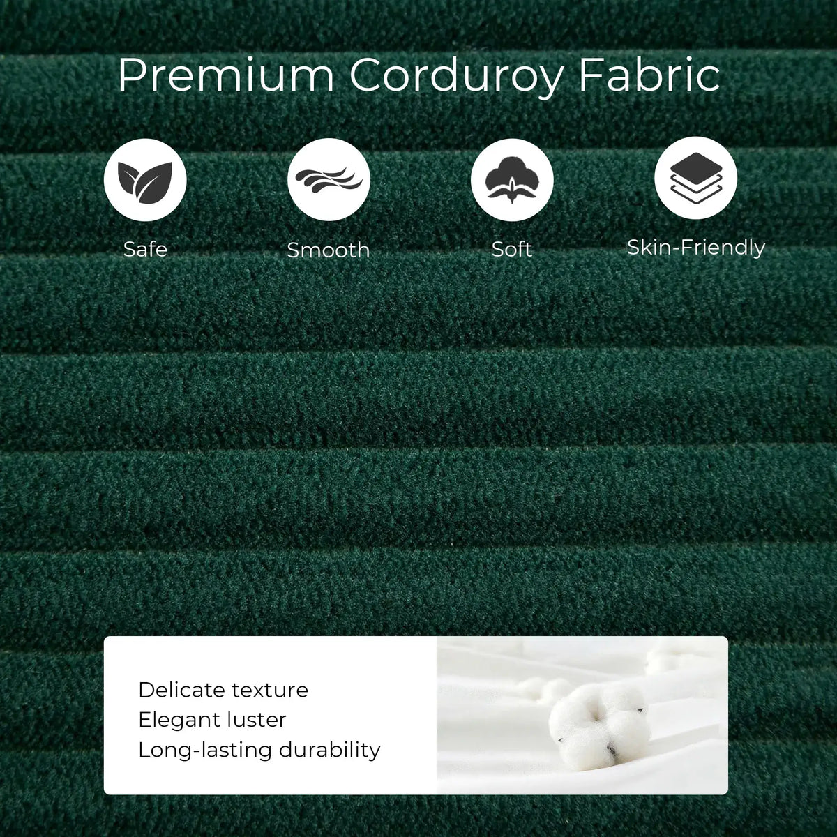 Green corduroy fabric close-up with textured stripes