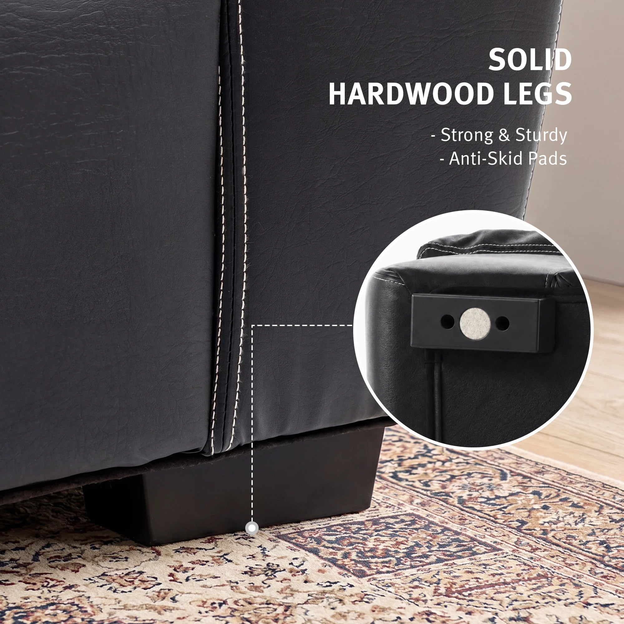 Black leather-look loveseat corner with solid hardwood legs and anti-skid pads