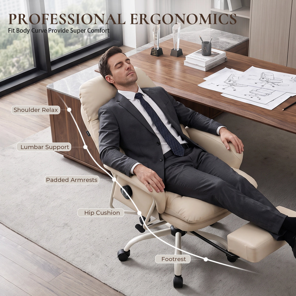 Beige ergonomic reclining office chair with footrest and supportive lumbar cushion.