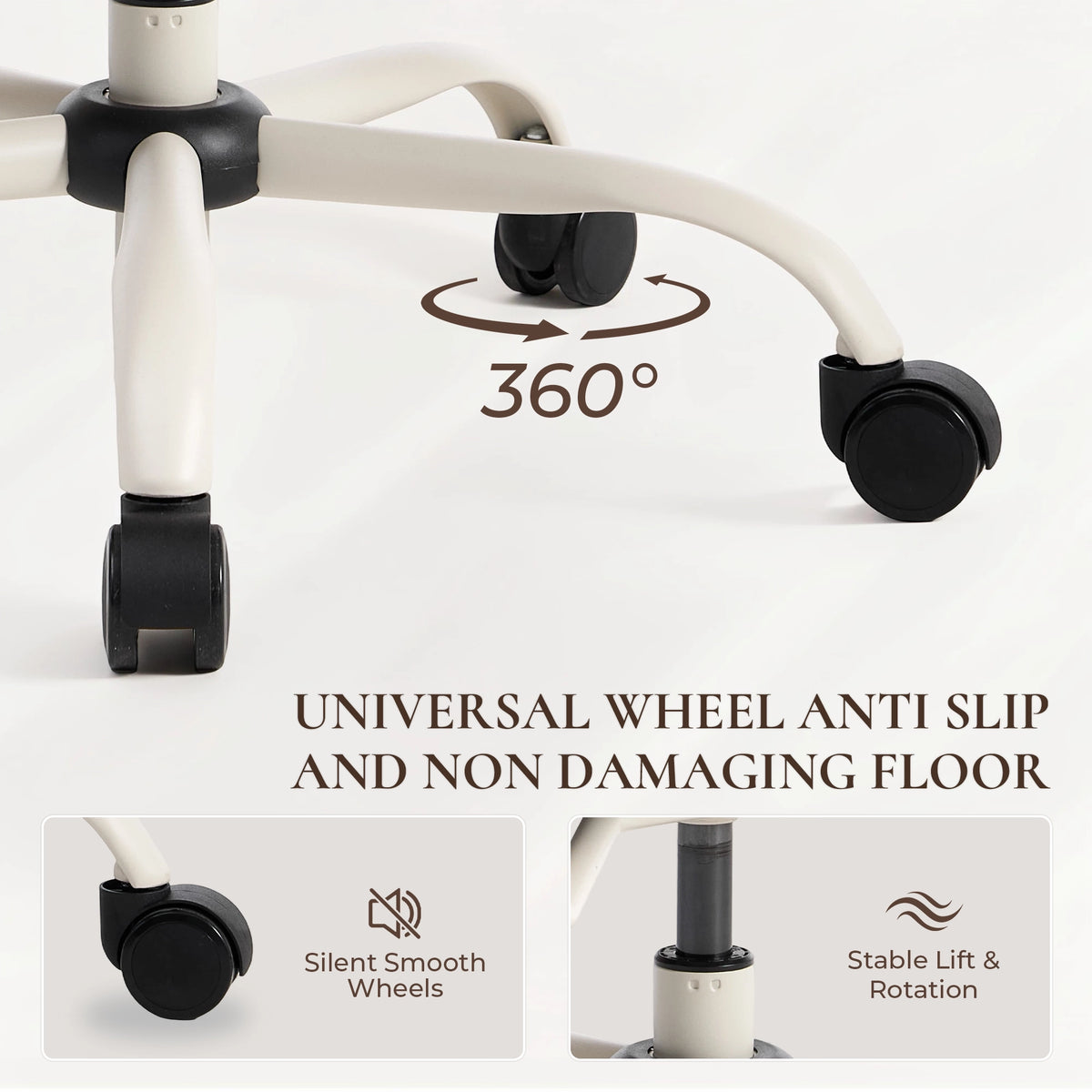 Adjustable office chair with 360° swivel arms and black anti-slip caster wheels.