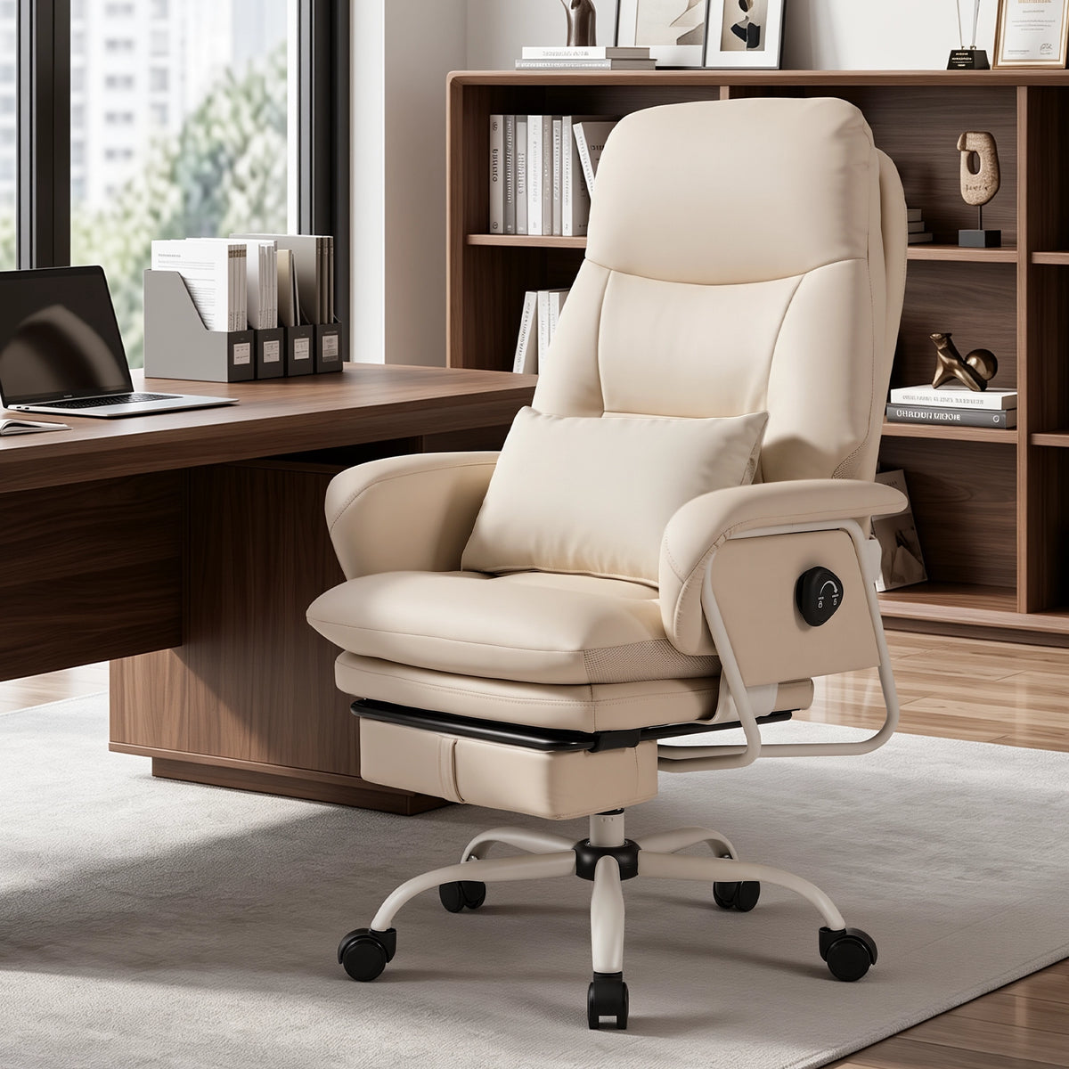 Beige ergonomic leather office chair with reclining backrest and rolling caster base.