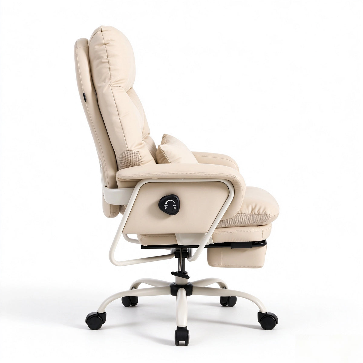 Beige leather ergonomic office chair, angled side view with recline footrest and lumbar panel