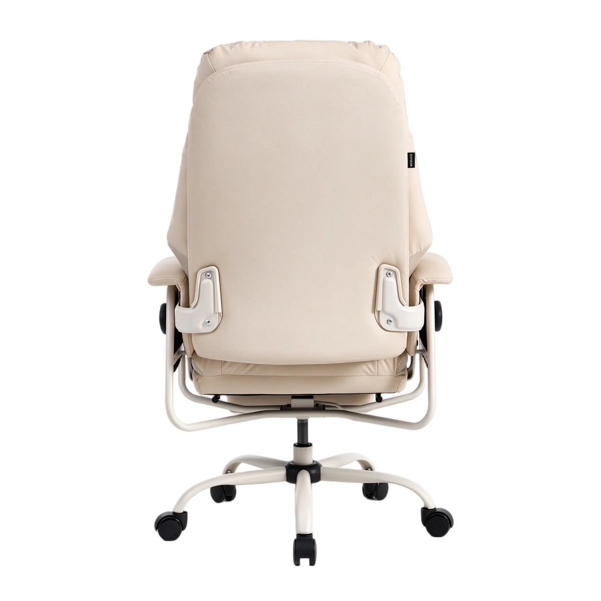 Beige ergonomic leather office chair with padded seat, headrest, and recline handle
