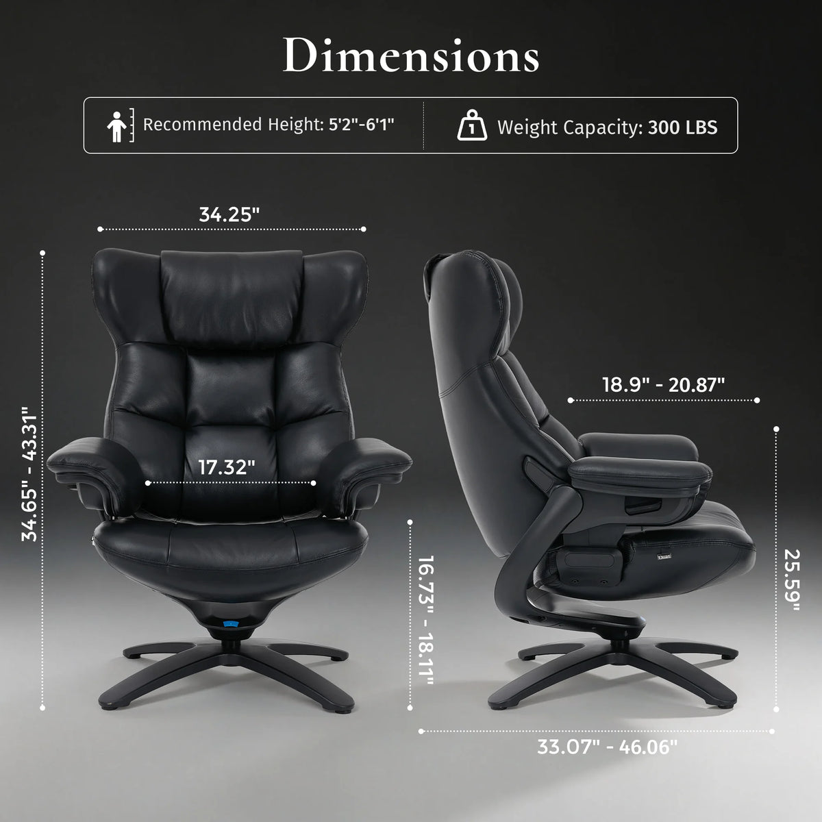 Black recliner lounge chair with ottoman, front and side view with padded headrest and arms