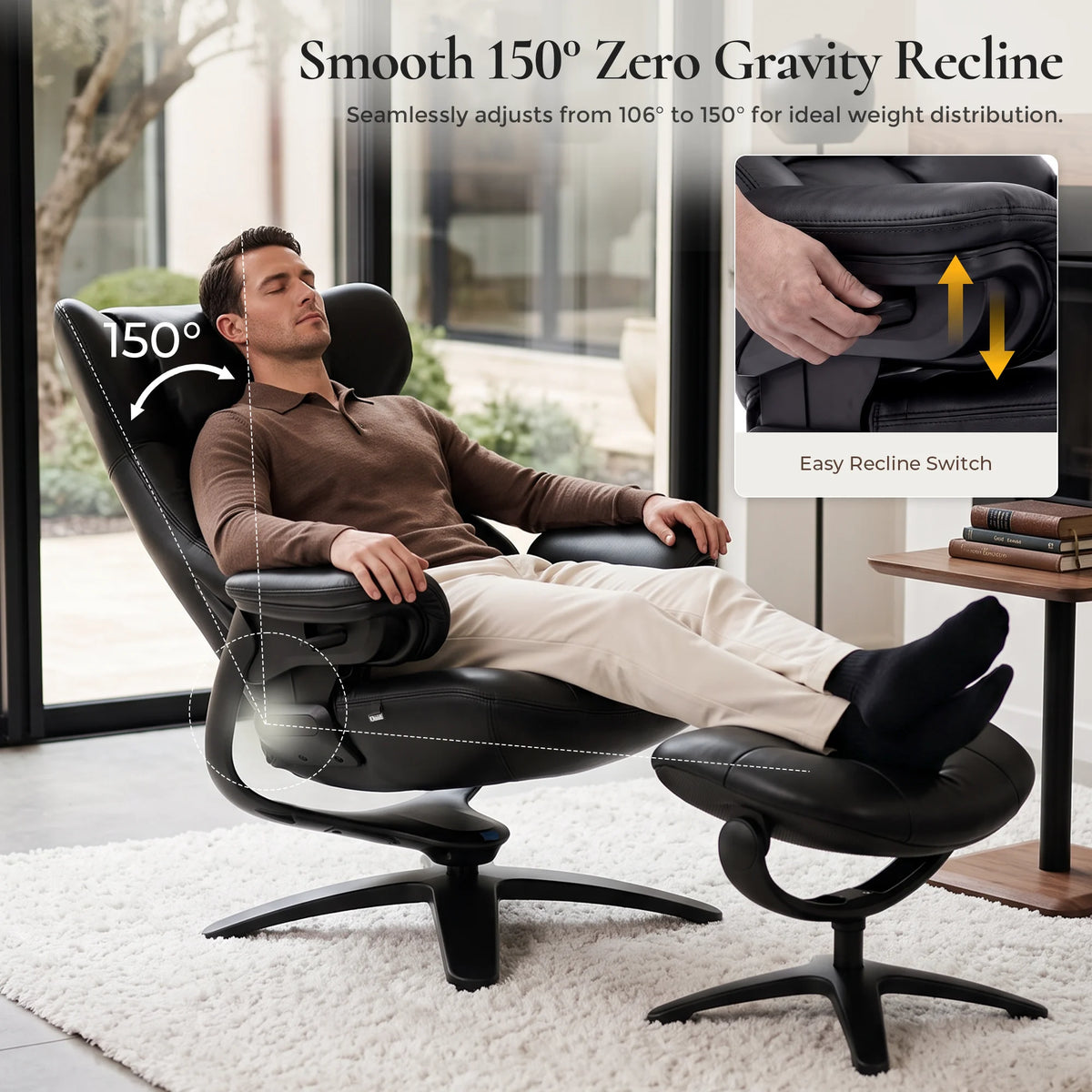 Black zero-gravity recliner lounge chair with ottoman, reclined with footrest extended