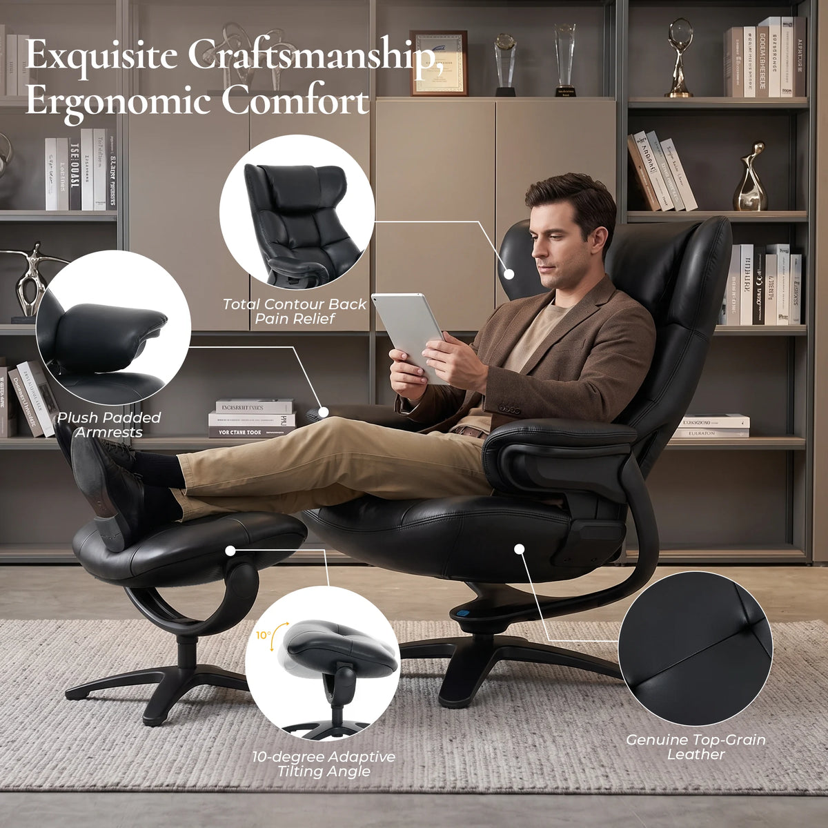 Black recliner lounge chair with ottoman, contoured back and plush padded arms