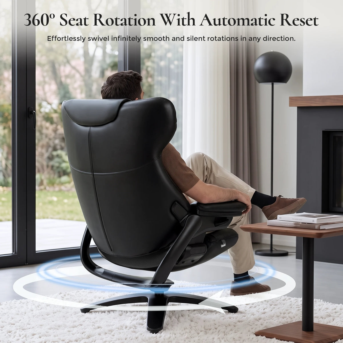 Black recliner lounge chair with ottoman, 360° swivel and cushioned backrest