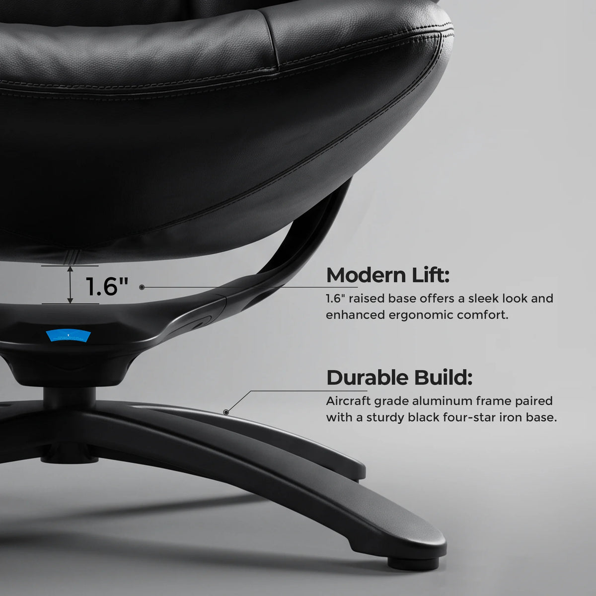 Black recliner lounge chair with ottoman, curved arm and padded seat on five-star base