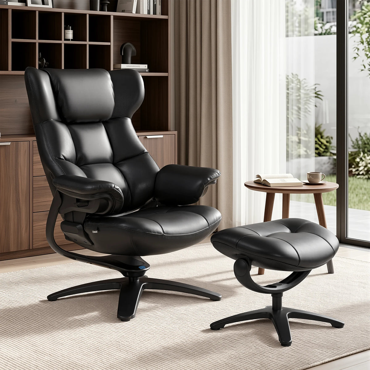 Black recliner lounge chair with ottoman set, smooth recline seat and matching footrest