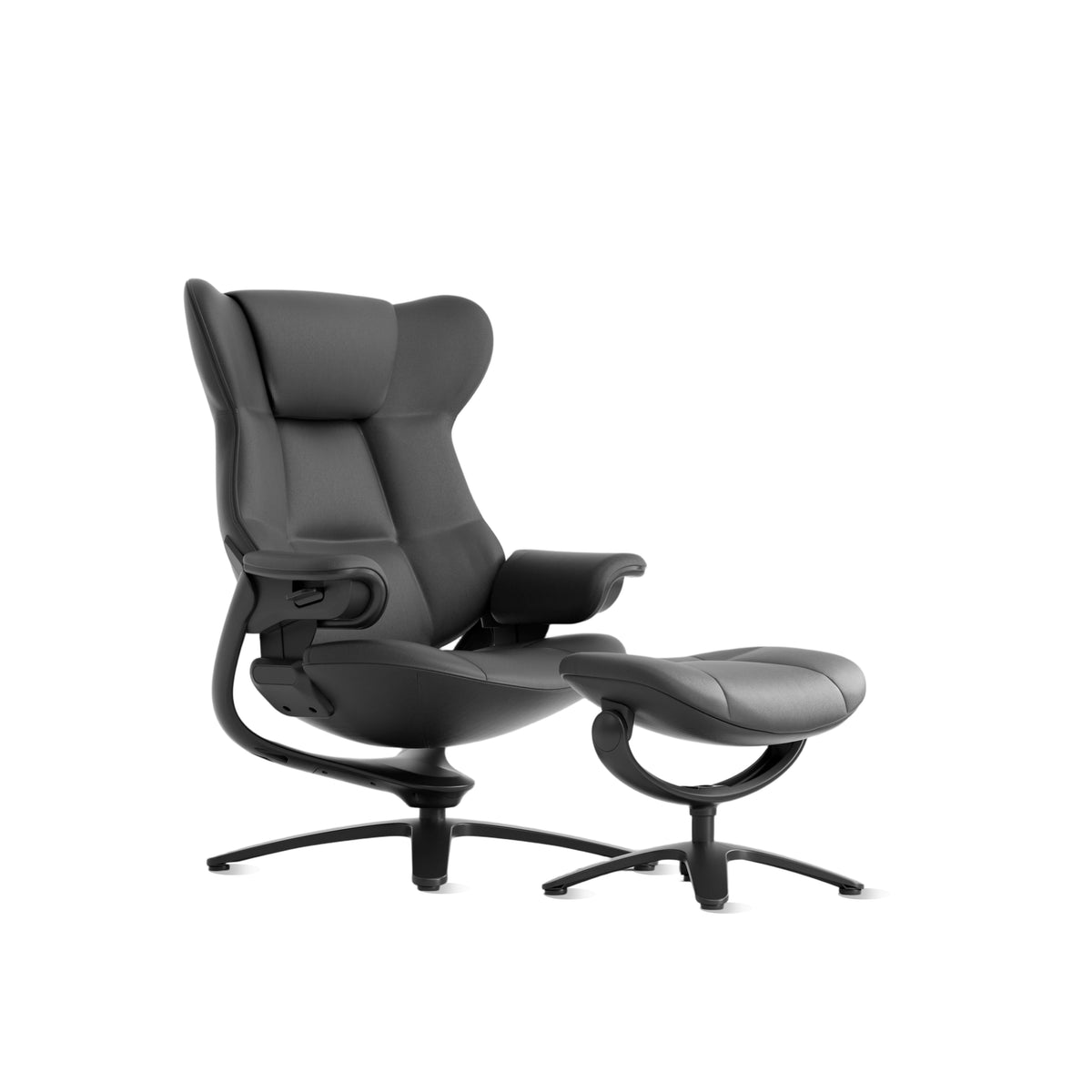 Black recliner lounge chair with ottoman, angled side view with reclining foot platform