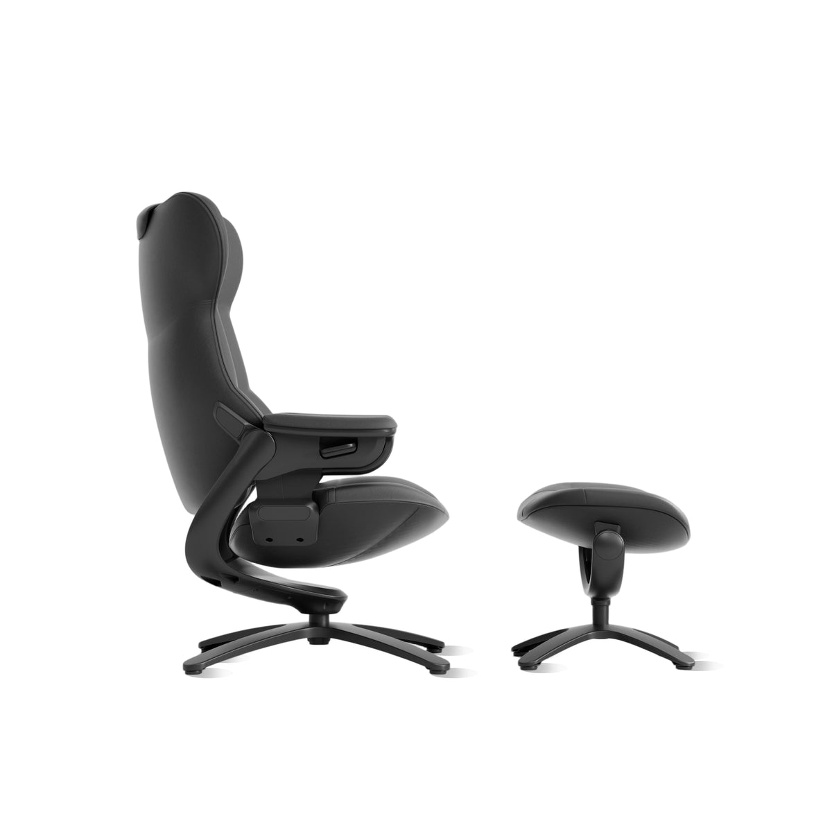 Black recliner lounge chair with matching ottoman, swivel base and built-in footrest