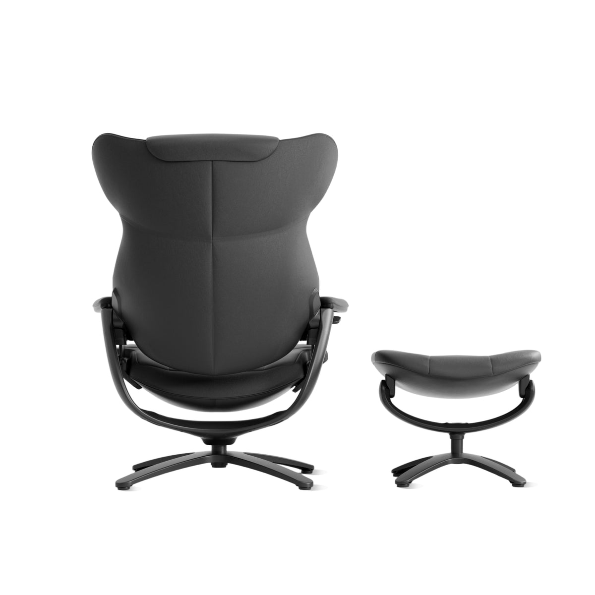 Black recliner lounge chair with ottoman, front view with padded headrest and arched footrest