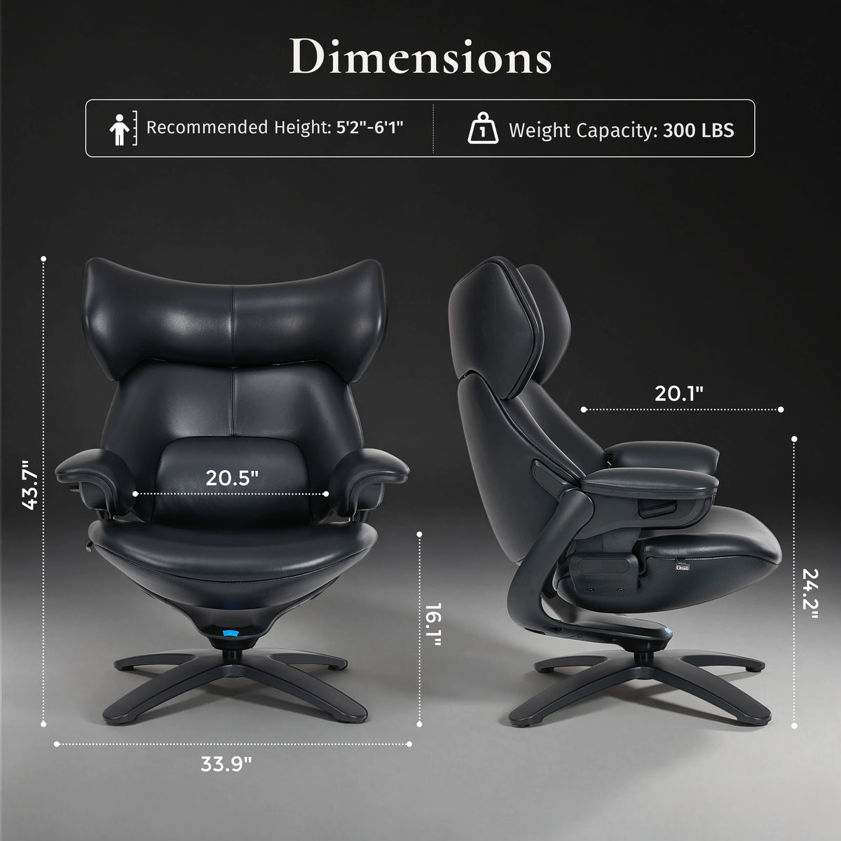 Black recliner lounge chair with ottoman, front and side views on swivel bases.
