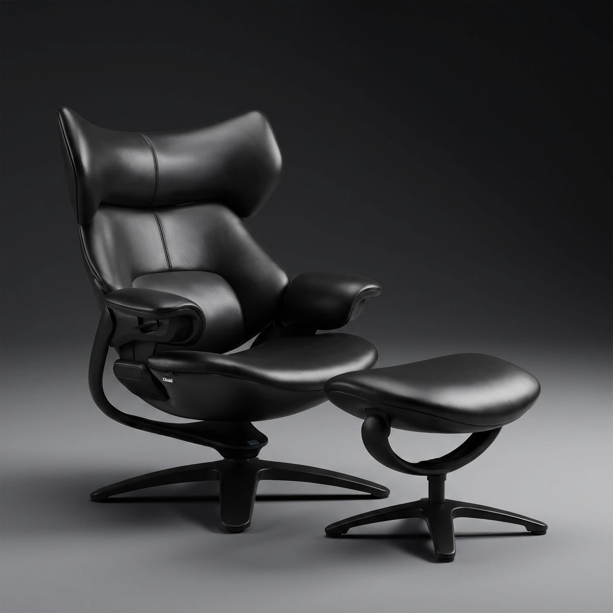 Black recliner lounge chair and ottoman, angled view with padded headrest and seat.