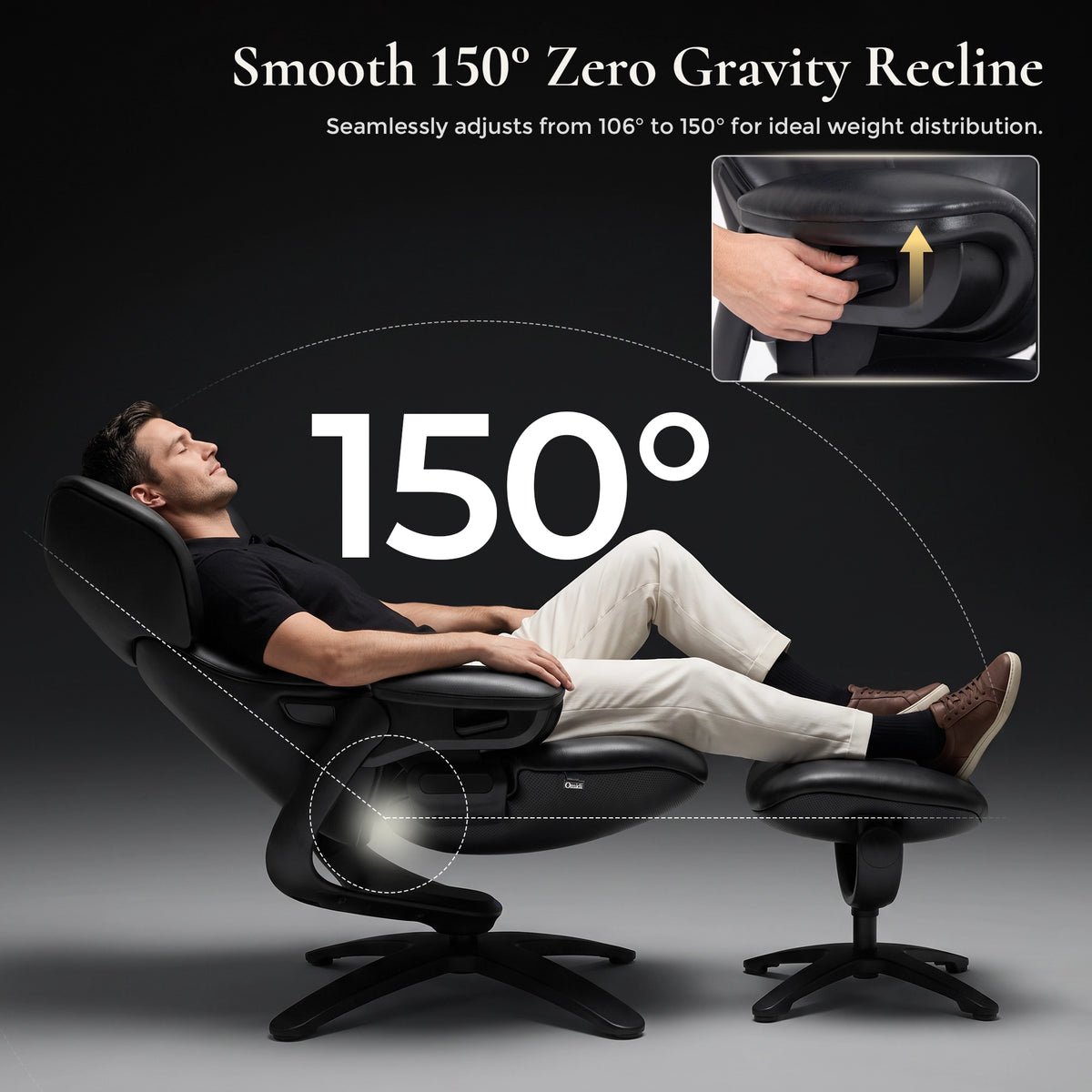 Black zero-gravity recliner lounge chair with ottoman, wide 150° recline