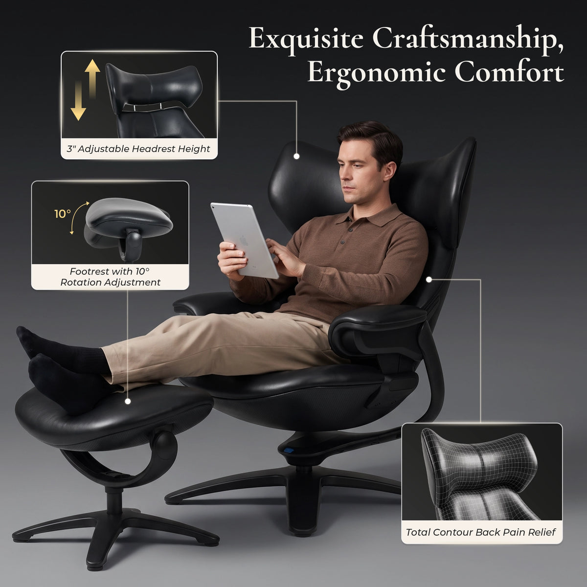 Black recliner lounge chair with matching ottoman, fully reclined seat and headrest