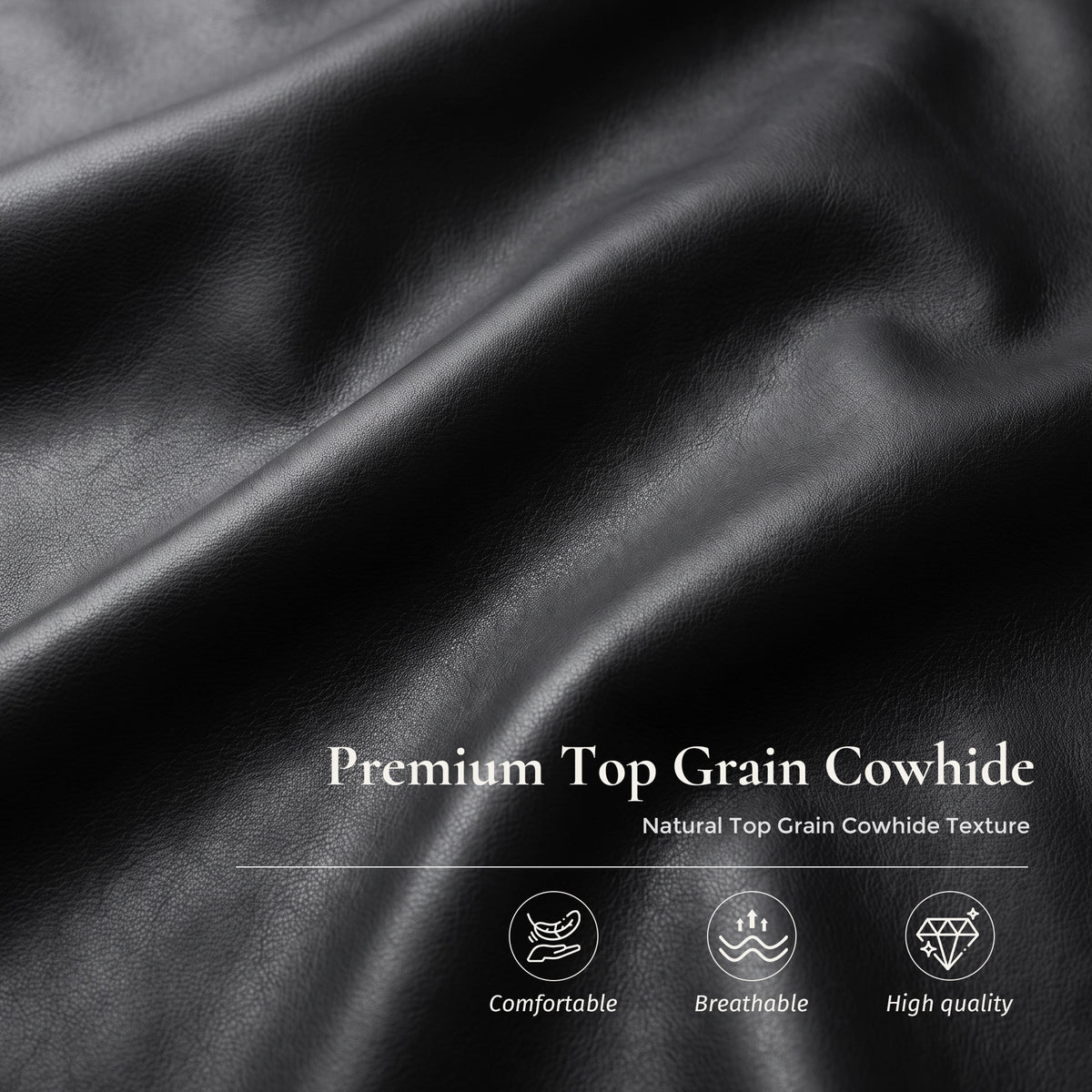Black top-grain cowhide leather upholstery close-up, detailed grain texture