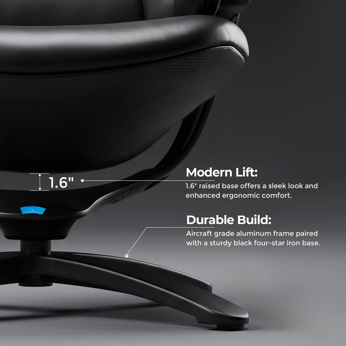 Black recliner chair close-up of arm support and air-lift base on four-star stand.