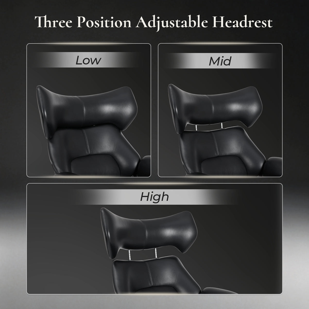Black recliner lounge chair with adjustable headrest and matching swivel ottoman.