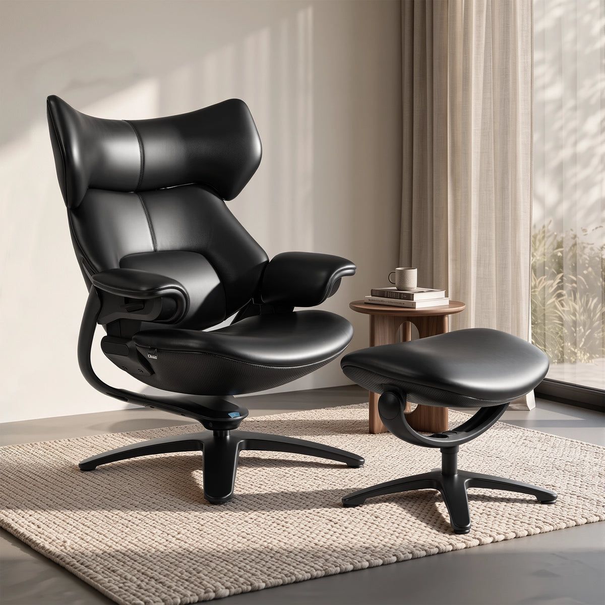 Black recliner lounge chair with ottoman, side-by-side view of chair and footrest