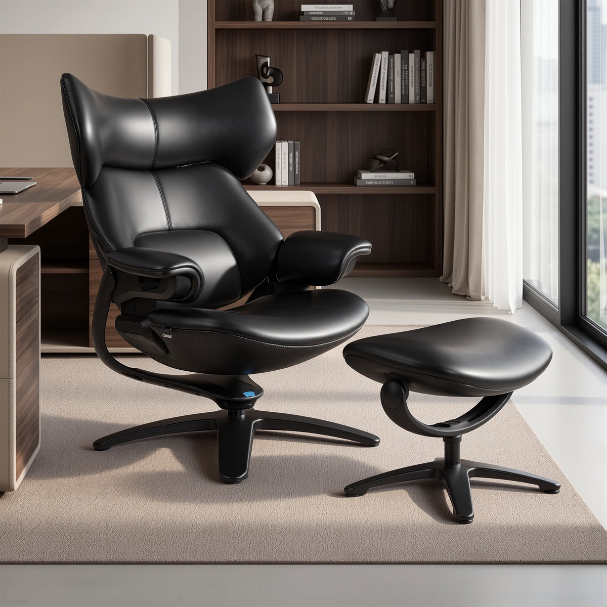 Black recliner lounge chair with ottoman on five-star swivel base, side view