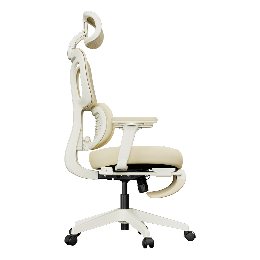 Cream ergonomic office chair side view with headrest support and curved armrest
