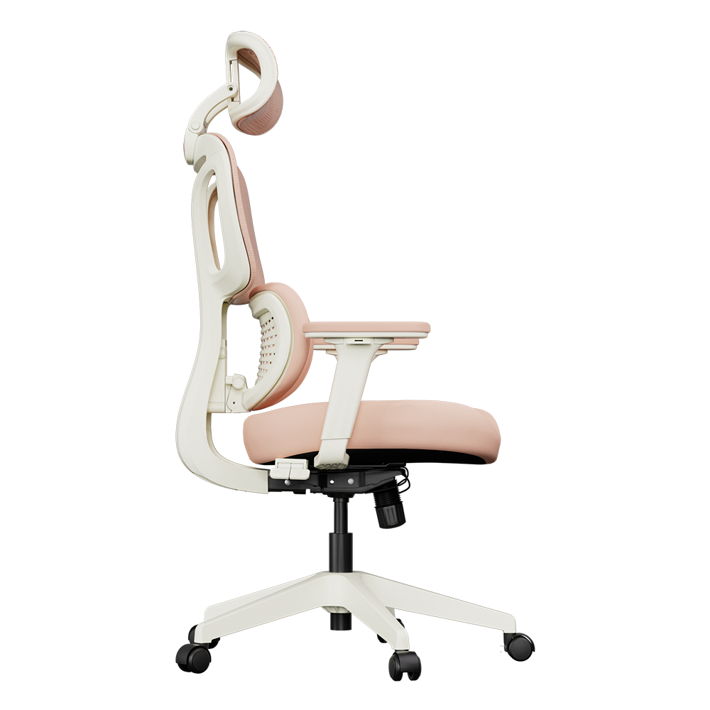 Cream ergonomic office chair side view with mesh lumbar support and curved armrest