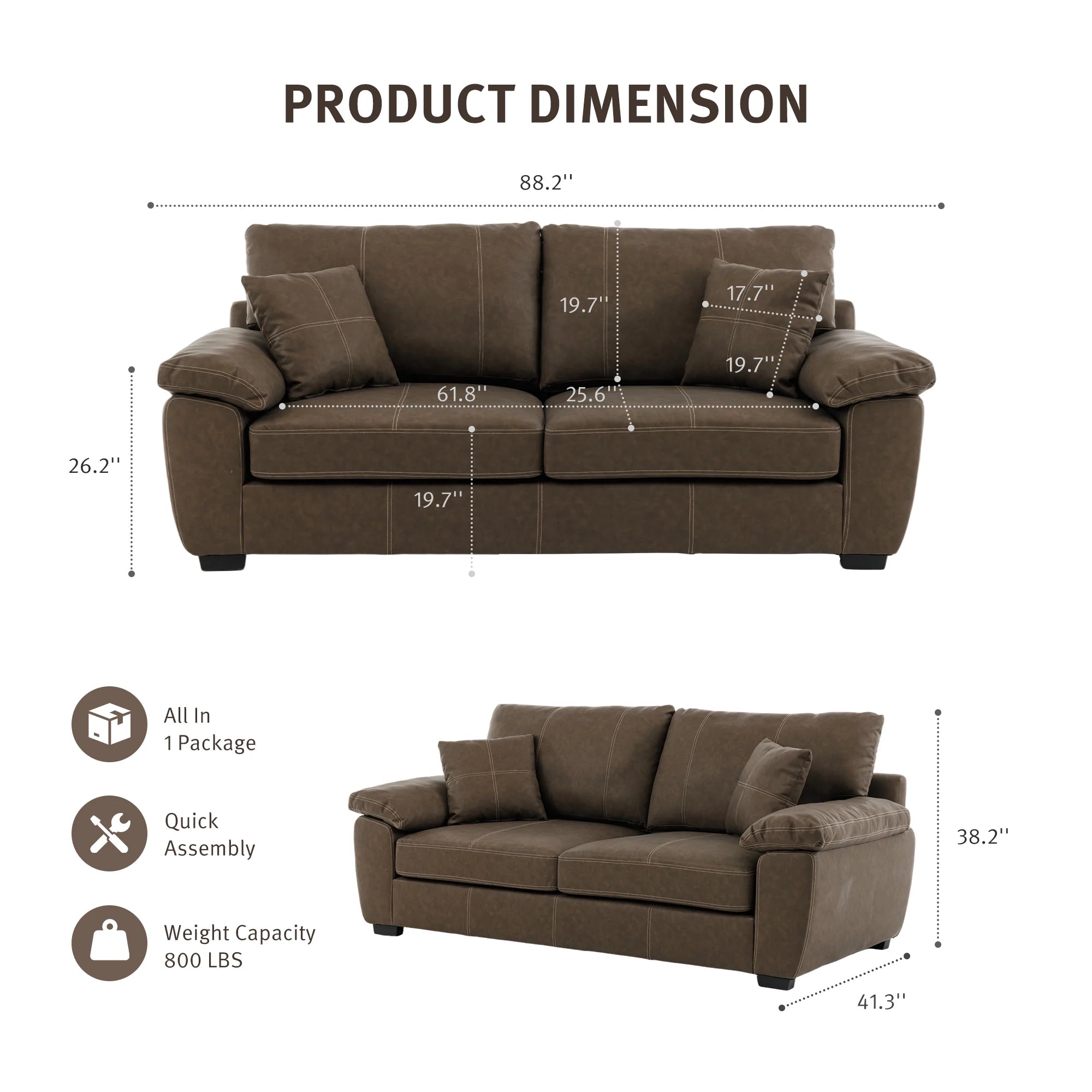 Leather-feel loveseat in dark brown with rounded arms and back pillows shown with dimensions