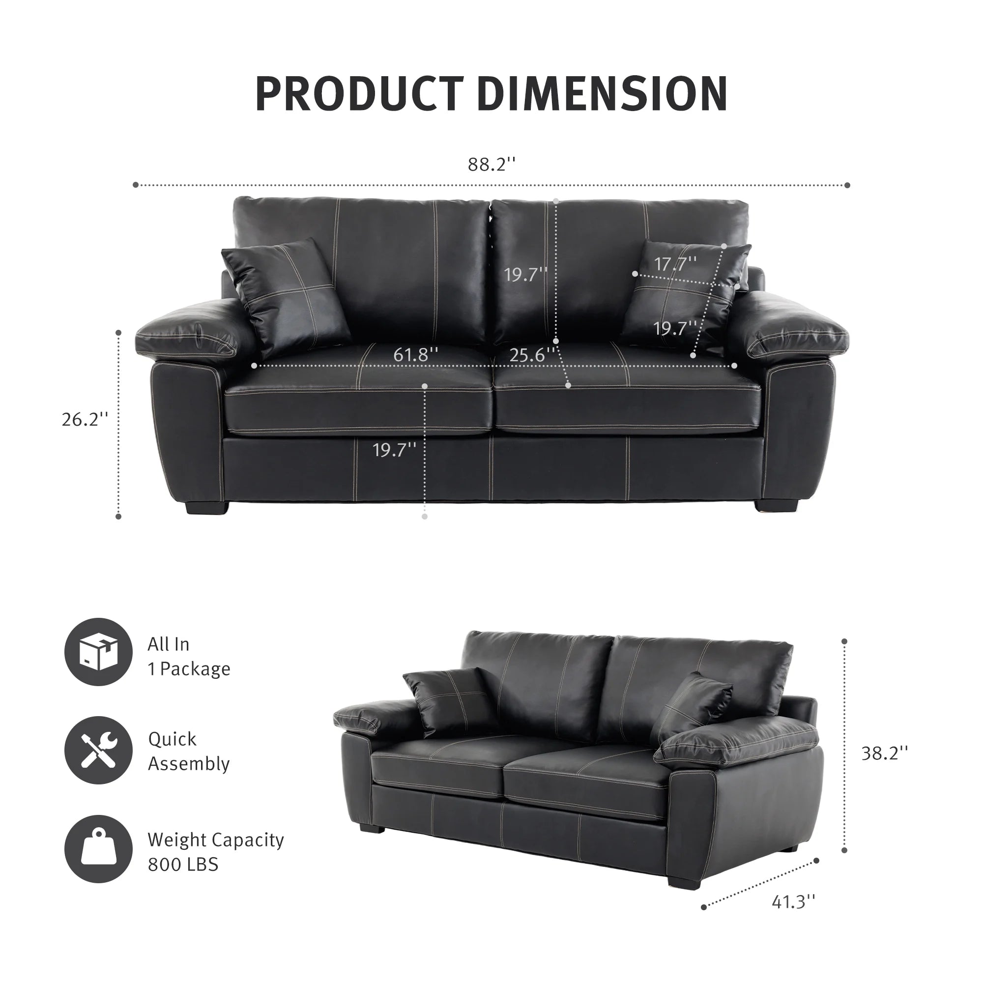 Black leather-look loveseat with three seat cushions and padded armrests, square legs