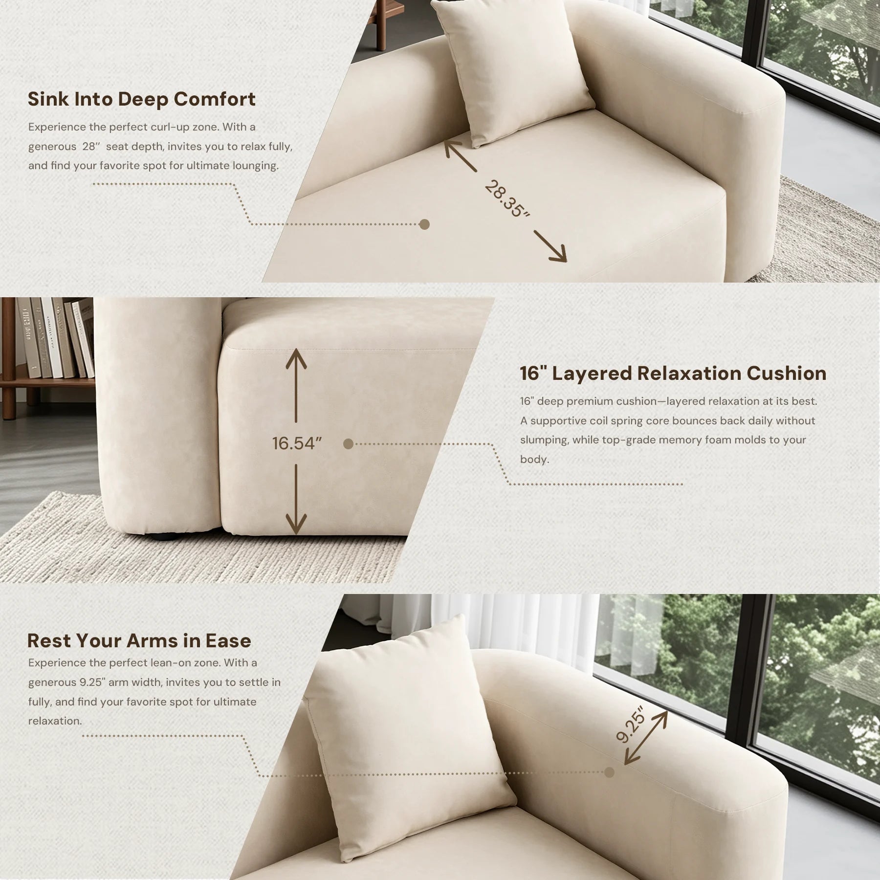 Cream one-piece sofa corner with rounded armrest and layered seat cushions