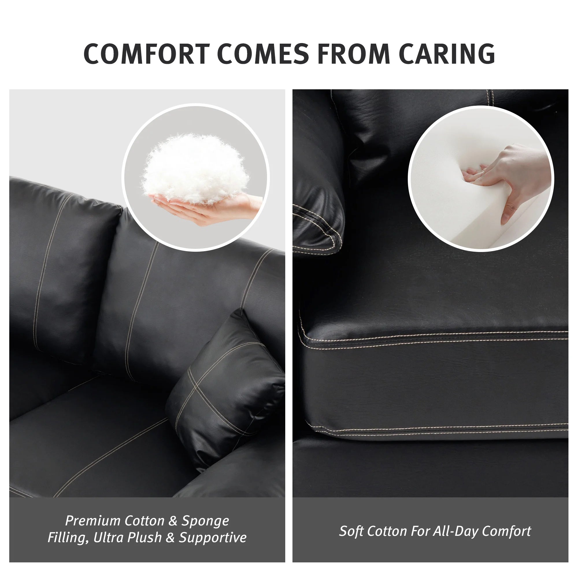 Black leather-look loveseat close-up of plush arm and stitched seam details