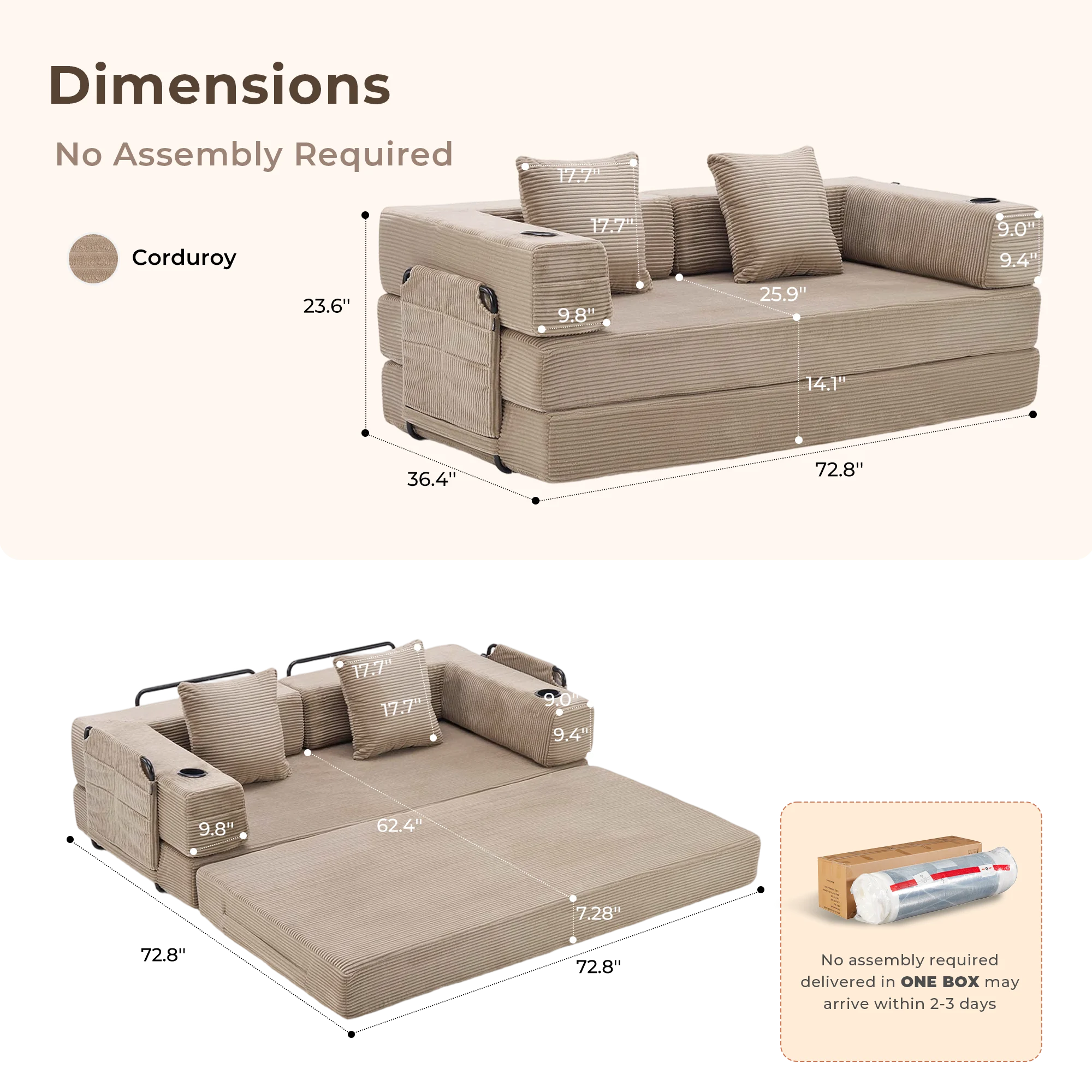 Selene Compressed Modular Sofa Bed-14.2" Seat Height