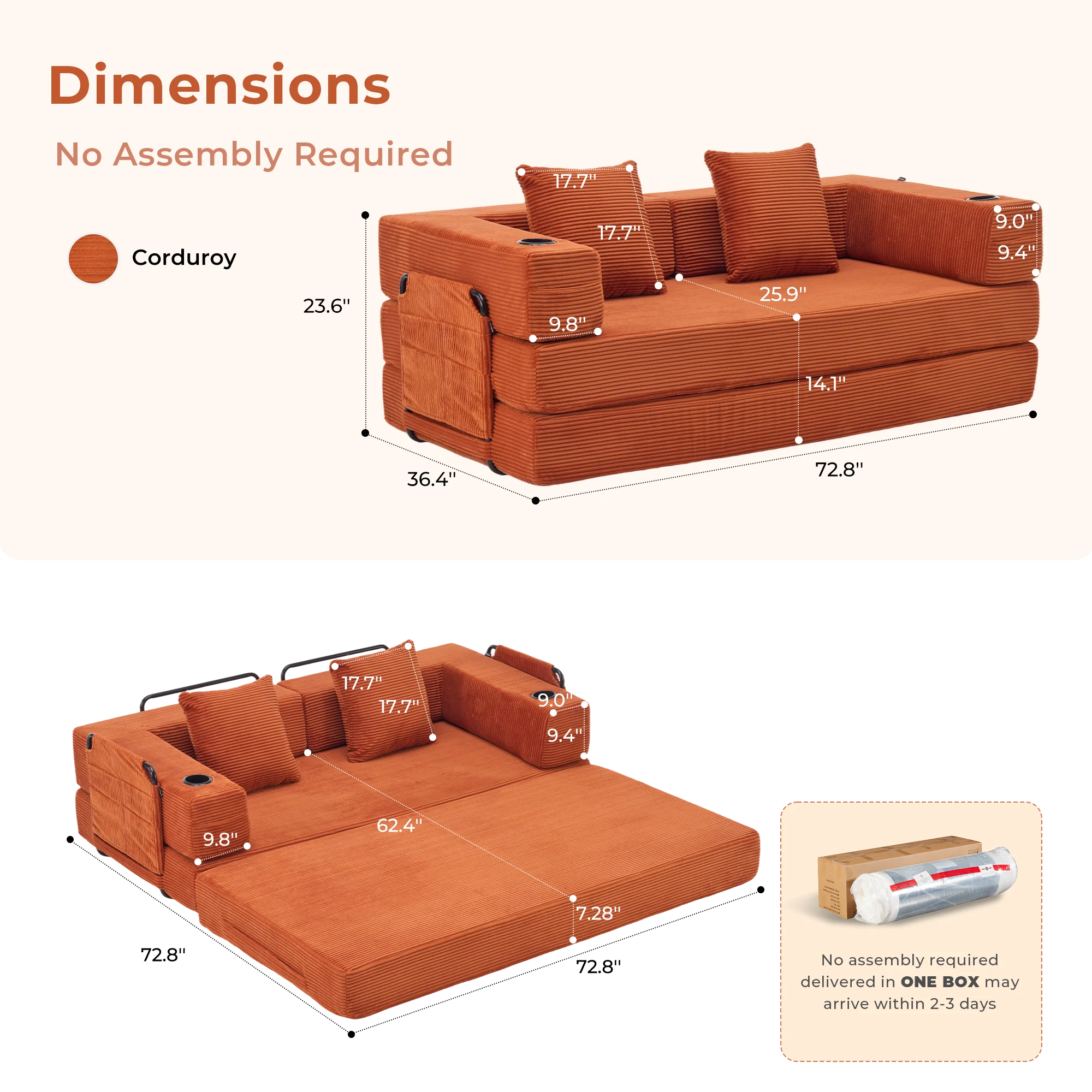 Selene Compressed Modular Sofa Bed-14.2" Seat Height
