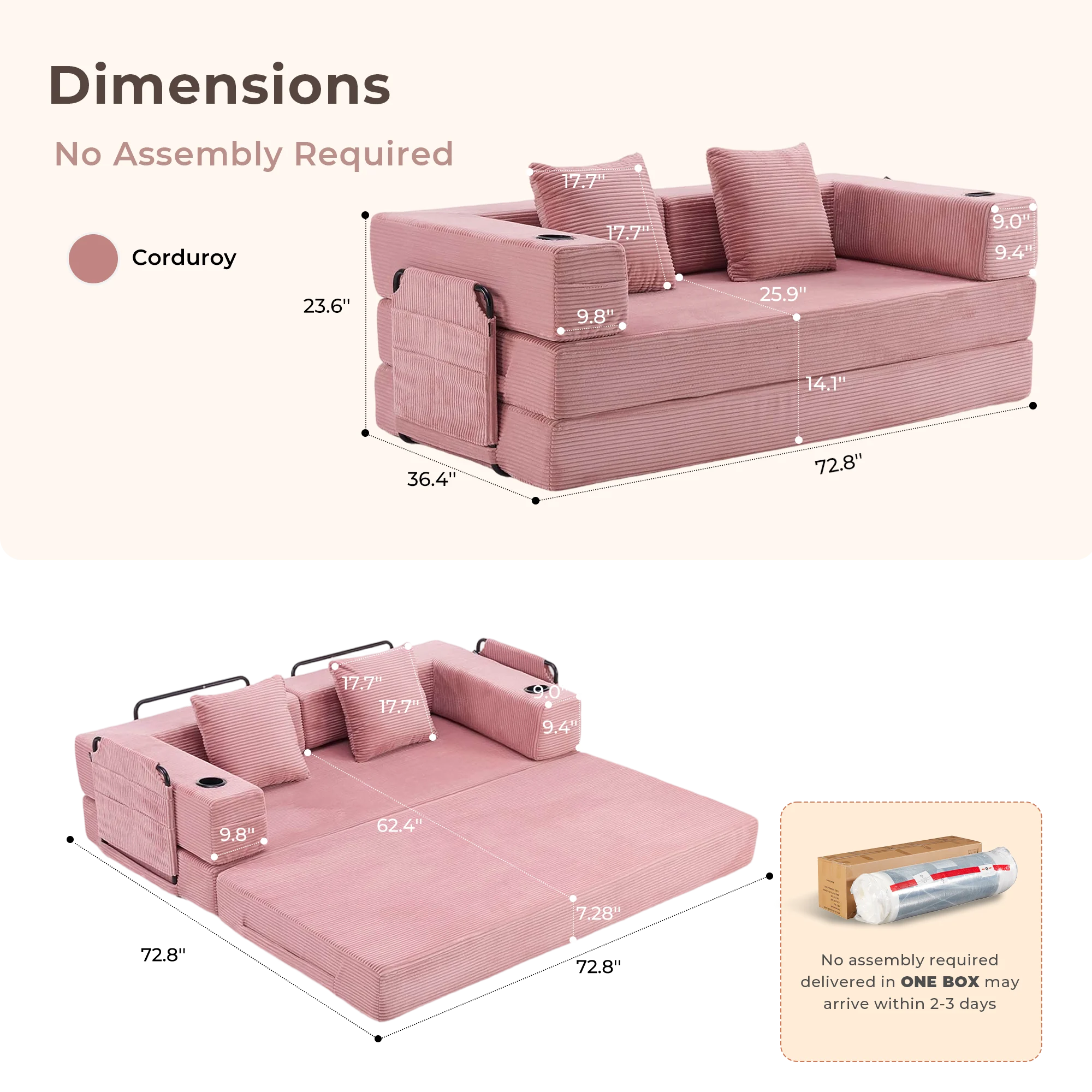 Selene Compressed Modular Sofa Bed-14.2" Seat Height