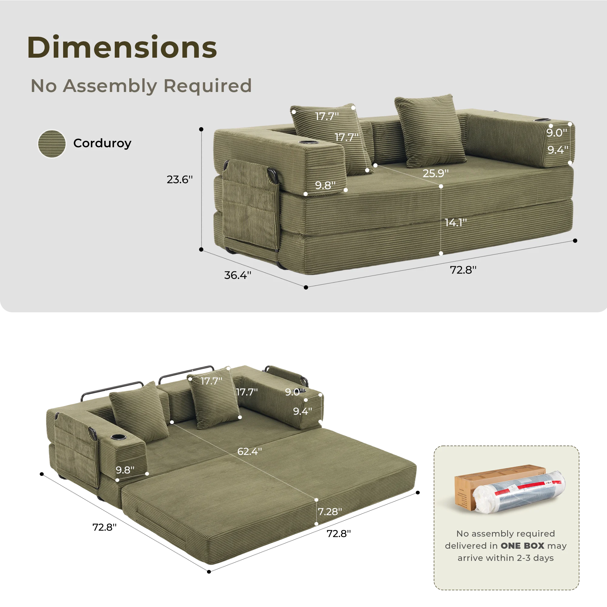 Selene Compressed Modular Sofa Bed-14.2" Seat Height
