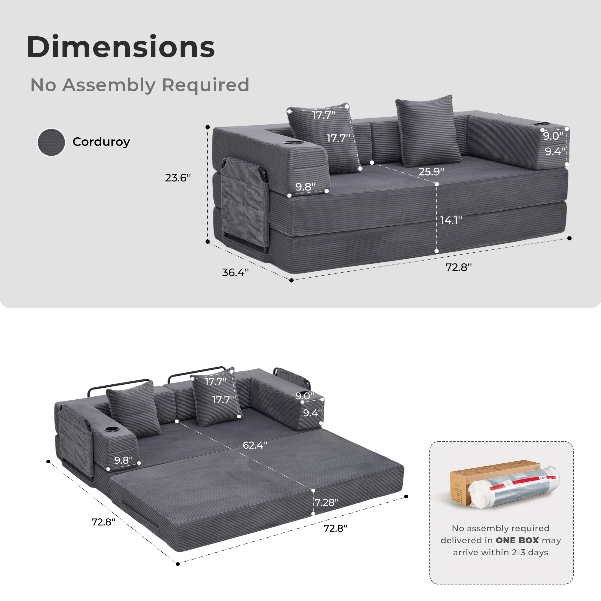 Selene Compressed Modular Sofa Bed-14.2" Seat Height