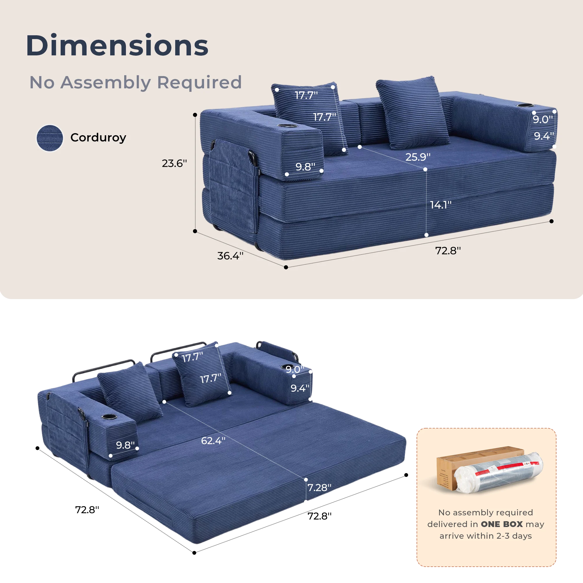 Selene Compressed Modular Sofa Bed-14.2" Seat Height