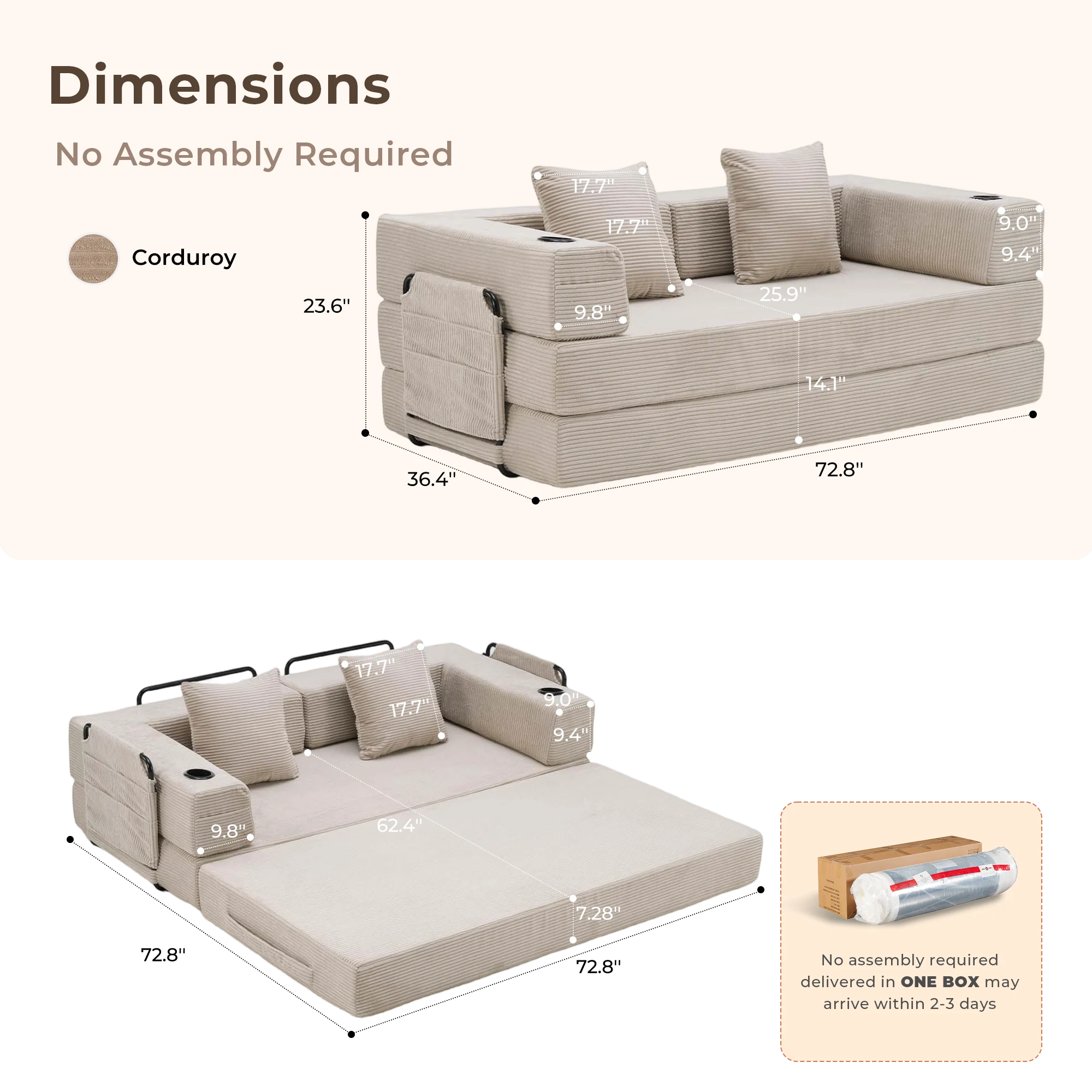 Selene Compressed Modular Sofa Bed-14.2" Seat Height