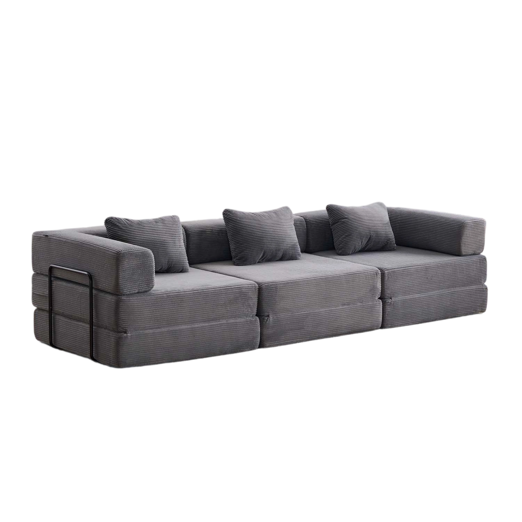 Dark gray corduroy three-seat modular sofa with tufted back and seat cushions